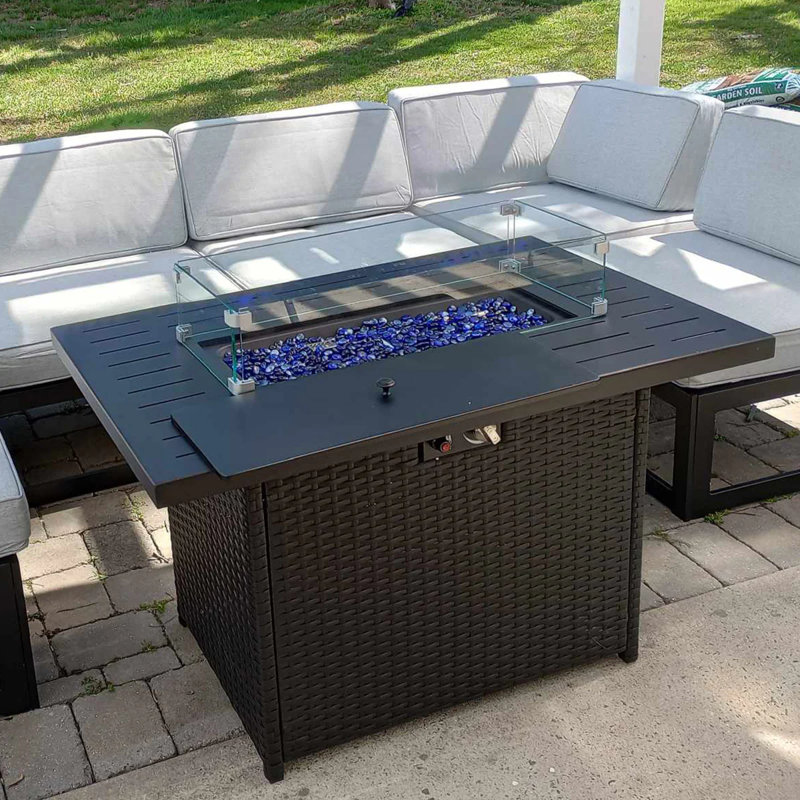 44" Propane Gas Fire Pit Table, 55000 Btu Rectangular Fire Pit With Glass Wind Guard For Outside Patio Deck Garden Backyard