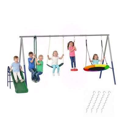 Ensemble de balançoire pour enfants 5 en 1 Qabo pour cour arrière, ensemble de jeu extérieur en acier robuste avec glissade, balançoire à soucoupe, balançoire à ceinture, balançoire et balançoire debout, hauteur réglable, couleur mélangée