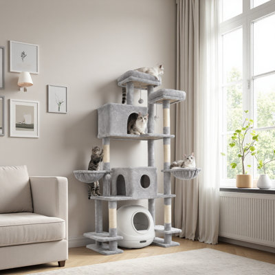 Tour pour arbre à chat 78,7 po de haut avec condos doubles, 2 hamacs en peluche, poteaux à griffer en sisal, 3 jouets interactifs, base large divisée pour bac à litière, activité pour chat d'intérieur