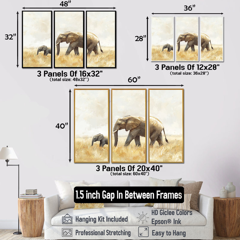 Éléphant avec son bébé en Afrique - Éléphant, art mural - ensemble de 3, H 28 po x l 36 po, Argent argent