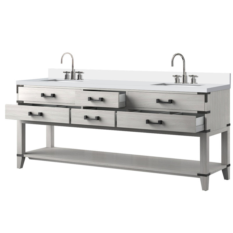 Meuble-lavabo double 80 x 22 en chêne blanc, comptoir en quartz, robinet, fermeture en douceur et rangement multiple