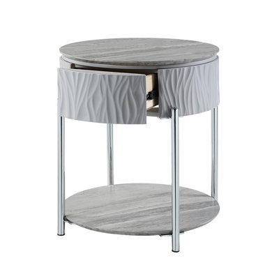 Table de bout grise et ultra brillante - Conception ovale et ronde moderne, support en métal, bois composite, plateau de table de 15 mm d'épaisseur, capacité de poids de 70 lb, rangement pratique