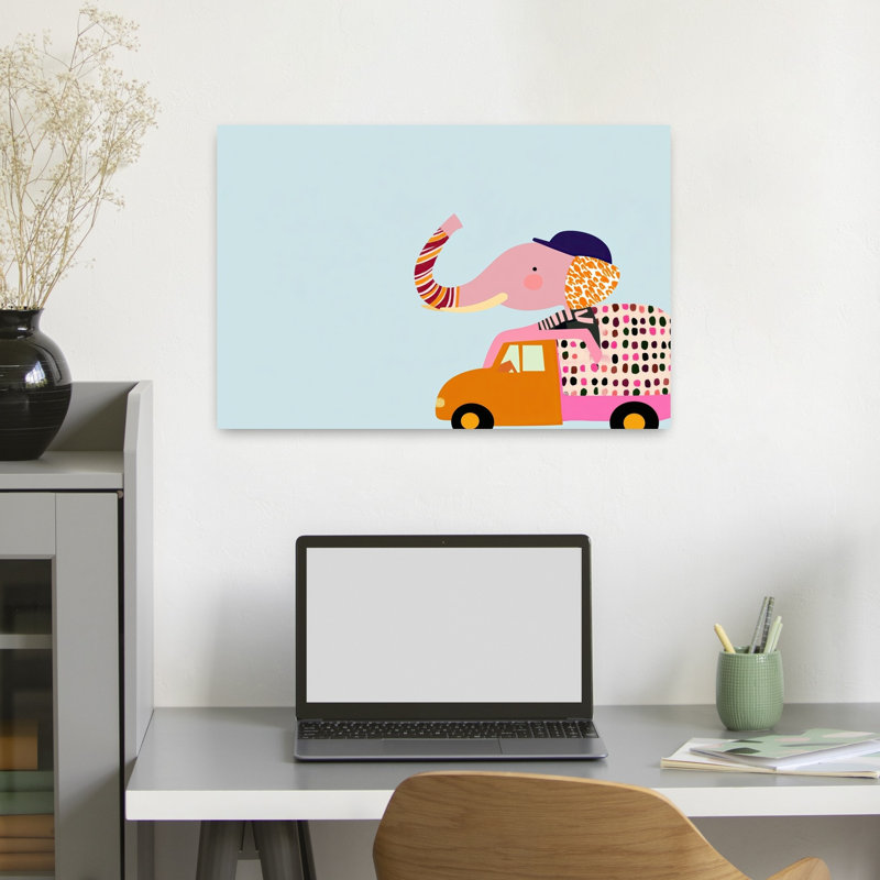 Pink Elephant Truck Ride Contemporary Wall Art Print by Mathieu - Wrapped Canvas Print, 40.64cm H x 60.96cm W