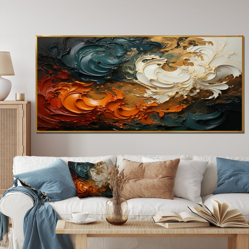 Orange et vagues ondulées oranges et mélodie II - art mural abstrait, Cadre flottant doré, H 28 po x l 60 po x P 1,5 po