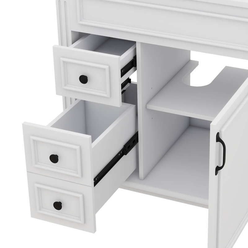 Meuble-lavabo moderne autonome avec lavabo intégré, deux tiroirs de rangement et tablettes réglables, 30", Noir, Blanc