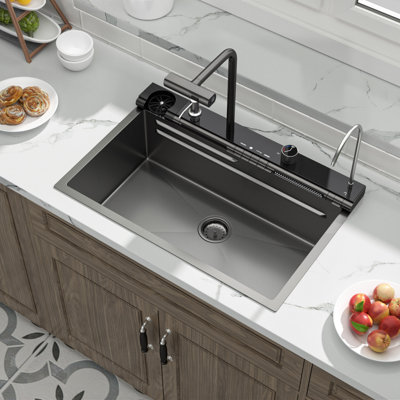 Évier de cuisine à double cascade L 29,5 po x l 19 po à double cascade, évier de cuisine en acier inoxydable de calibre 16 avec robinet rétractable, sortie d'eau de pluie, rinçage en verre, distributeur de savon, affichage de la température sans pile en Fahrenhei