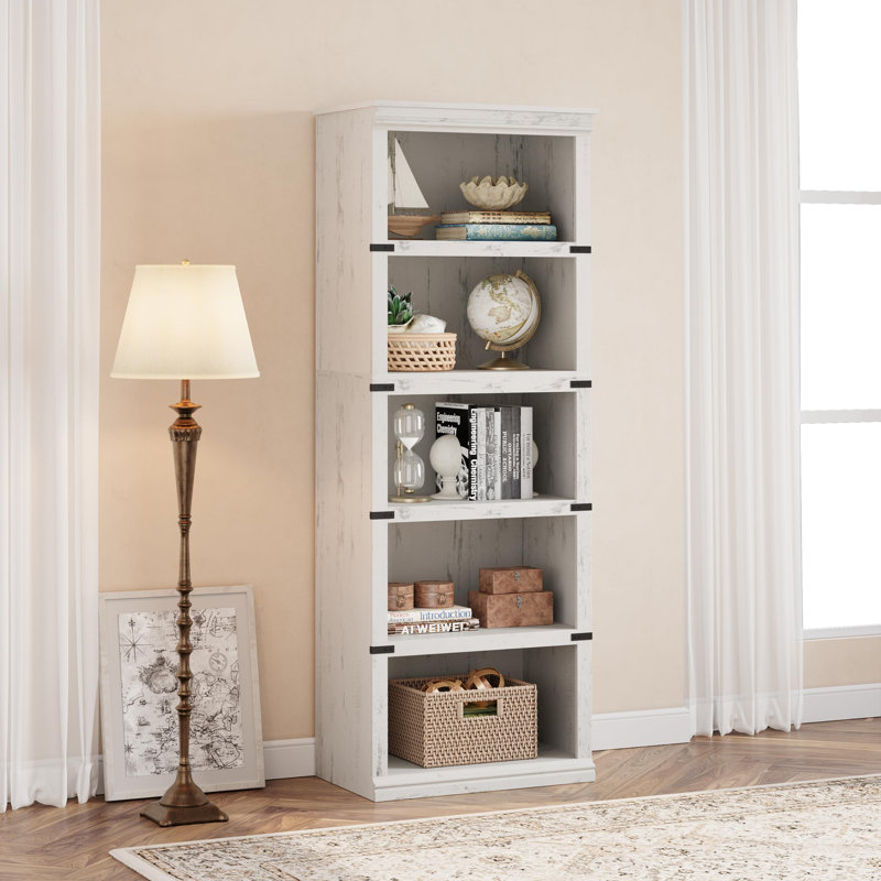 5 Tier Bookcase, Farmhouse Book Shelf with Storage, Tall Book Case Wooden 5 Shelf Bookcase, White