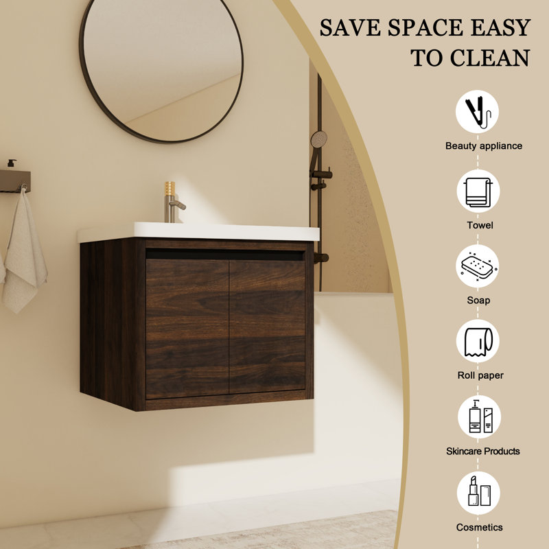 Meuble-lavabo mural simple 23,63 po avec plateau en résine Haisten, Brun