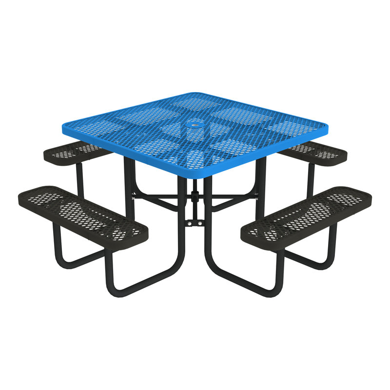 Open Air Series Square Picnic Table with Benches, Umbrella Hole, and Surface Mount, Bleu et noir