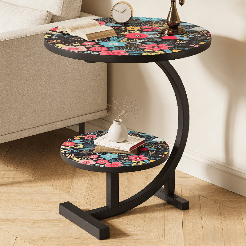 Table d'appoint florale en forme de C à deux étages, table d'appoint robuste avec structure en métal