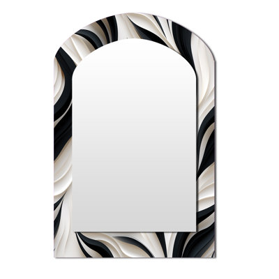 White And Black Minimalist Elegance - Striped Asymmetrical Decorative Wall Mirror, White Arch Large Mirror, Printed Metal Art