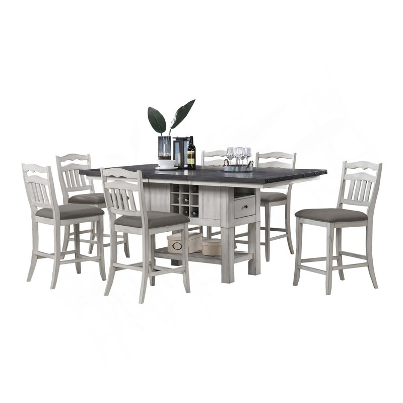 Ensemble de table de salle à manger 7 pièces à hauteur de comptoir avec base de rangement et échelle à dossier 6 chaises de style classique