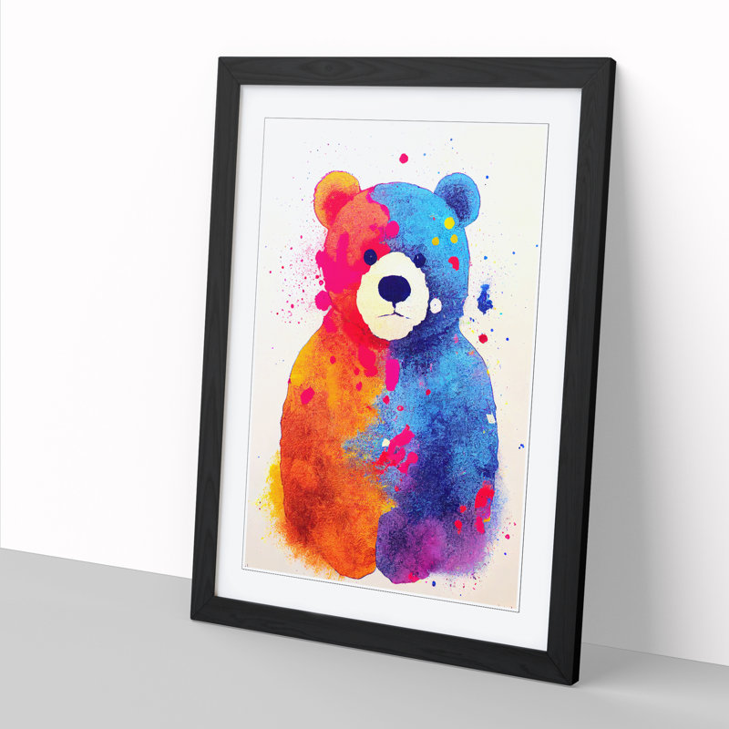 FRM-V0523-2486X Teddy Bear Paint Splatter Style - Single Picture Frame Print, 46cm H x 34cm W x 2cm D, Walnut