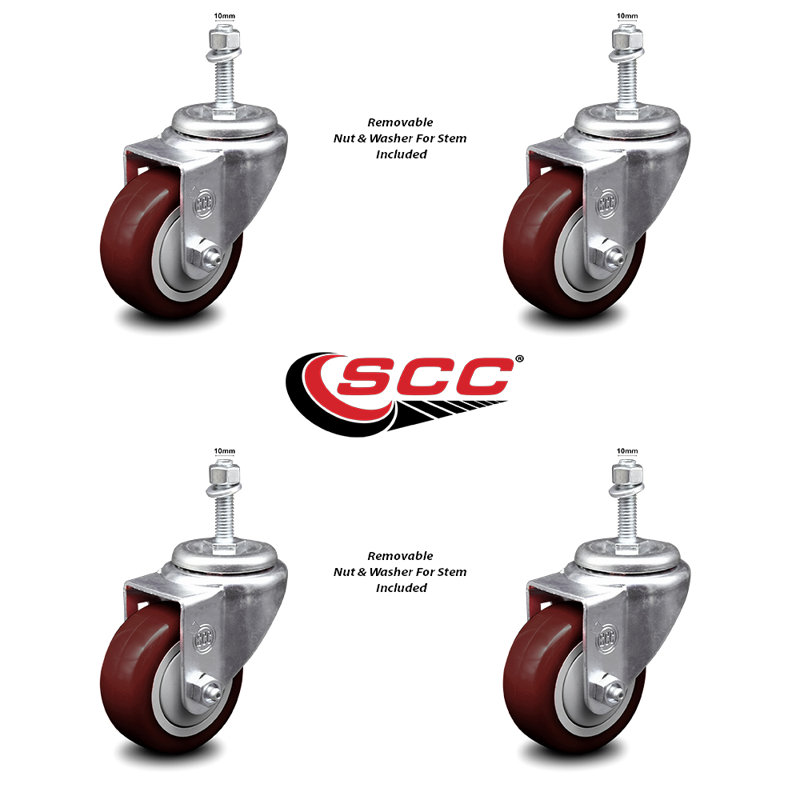 Ensemble de roulettes à tige filetée en polyuréthane pivotant 10 mm 3 pouces SCC, Marron