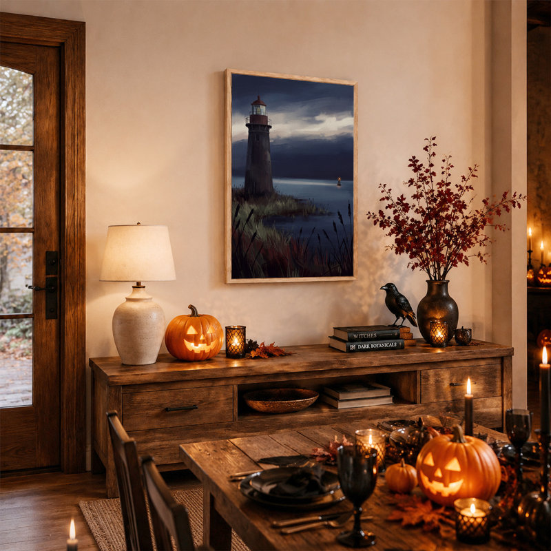 Peinture de phare au crépuscule, toile murale d'Halloween, 48"H x 36"W