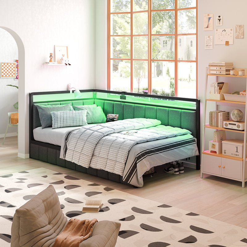 Corner Bed Frame with LED Lights and Charging Station, Cord Cloth Upholstered Bed with 2 Underbed Storage Drawers, Modern Sofa Bed, No Box Spring/No Noise, Gray