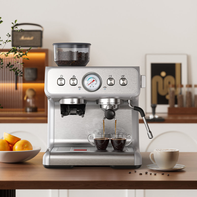 R.W.Flame Espresso Machine With Grinder,team Wand, Milk Cup&Self-cleaning Function For Home Barista