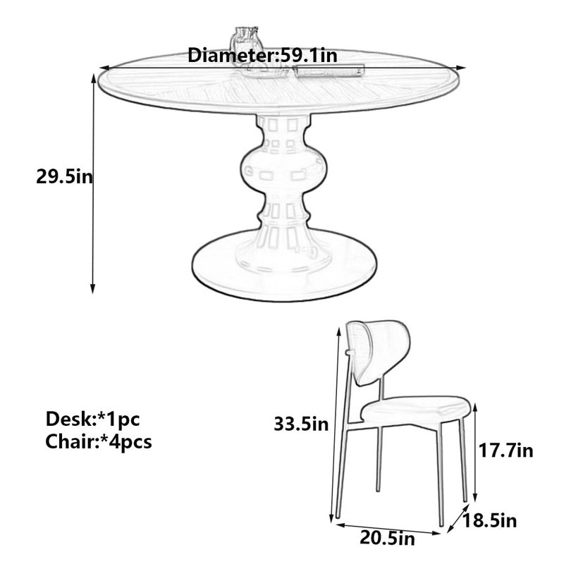 Table de salle à manger ronde française rétro, noyer durable, H 29,5 po x l 59,1 po x P 59,1 po, 5 pièces: table, 4 chaises
