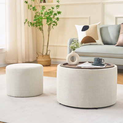 Repose-pieds gigognes avec rangement Ball & Cast, repose-pieds en lin avec plateau en bois, table basse et banc ronds de 22,75 po, beige