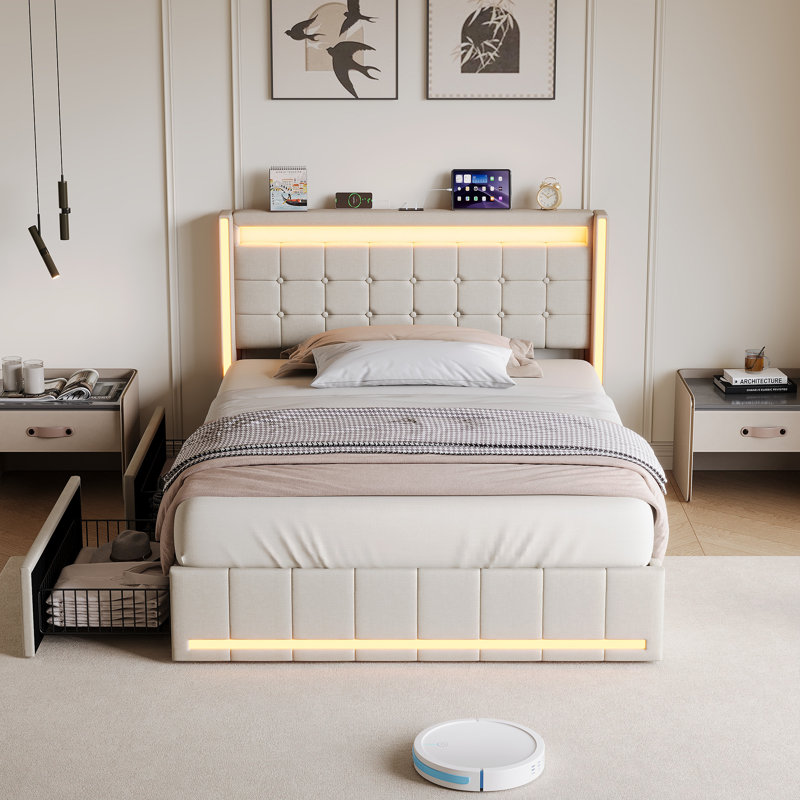 Upholstered Storage Bed with LED Headboard and Drawers, Double (4'6), Beige