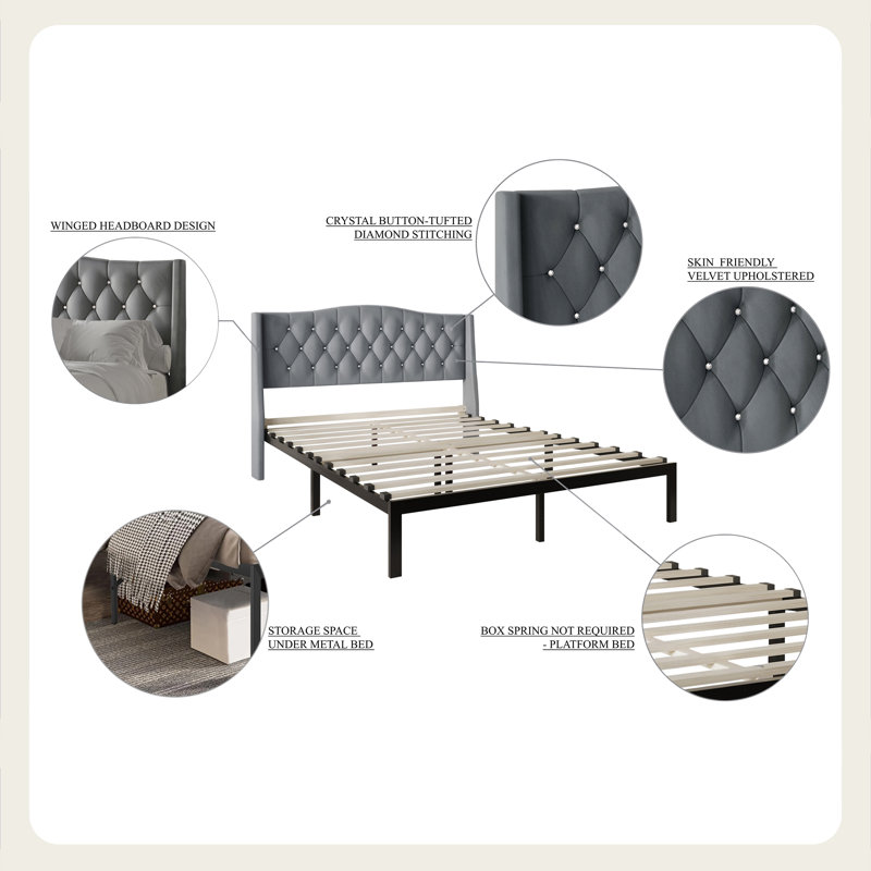 Dwayn Upholstered Wingback Bed, Silver Gray, Twin