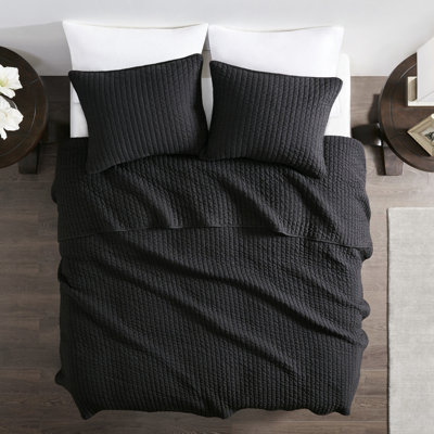 Courtepointe très grand / très grand en noir, réversible avec élément corail, microfibre, rembourrage en coton, aspect gracieux noir pour lit, 3 pièces, corail, literie
