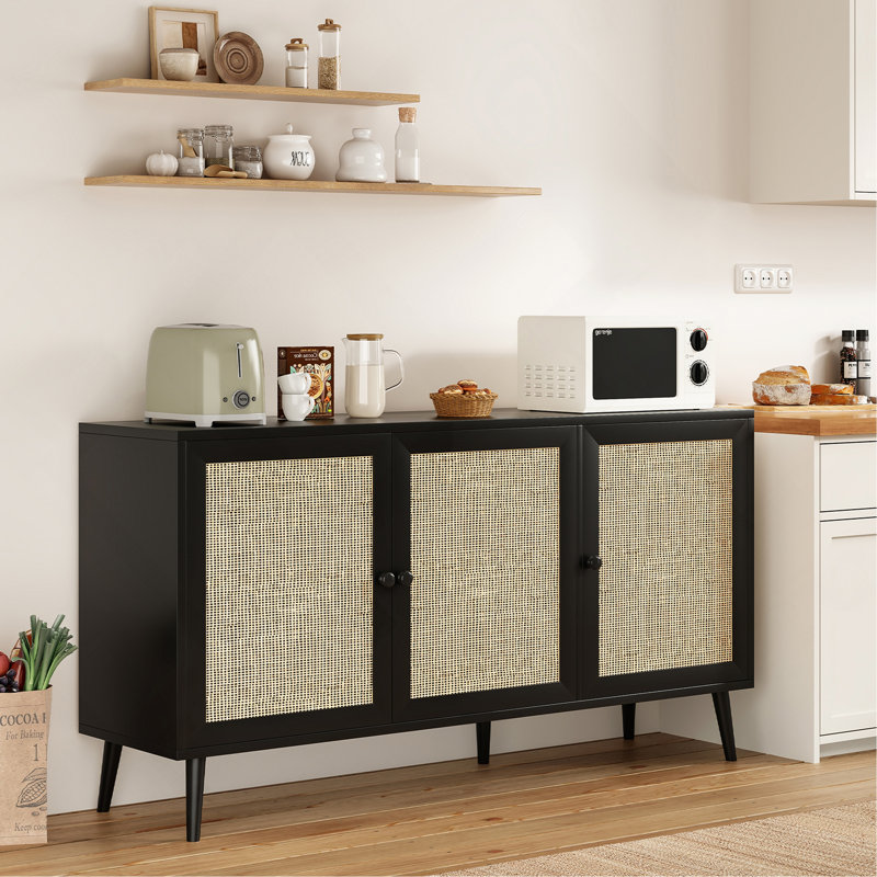 Sideboard Buffet Cabinet With 3 Rattan Doors,Modern Kitchen Storage Console Cabinet For Entryway Living Room, Black