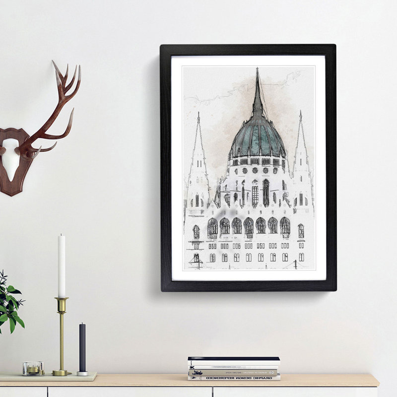 Parliament Building in Budapest in Abstract - Picture Frame Graphic Art Print, 87cm H x 62cm W x 2cm D, Black Framed