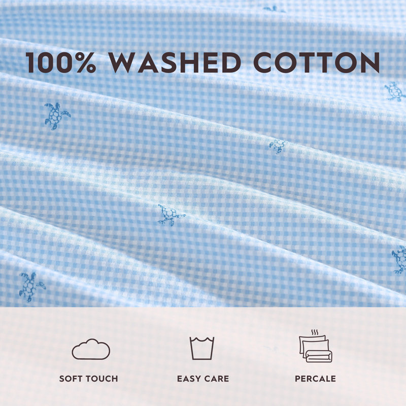Blue Cotton Percale Queen Sheet Set with Turtle Print