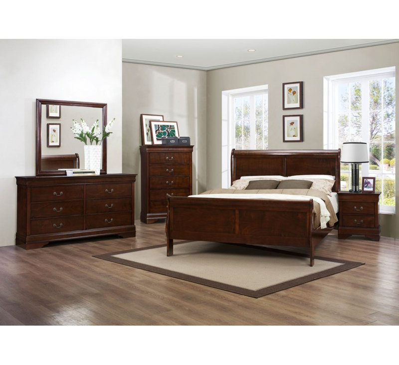 Commode double 6 tiroirs avec miroir Hemmer, Cerisier foncé