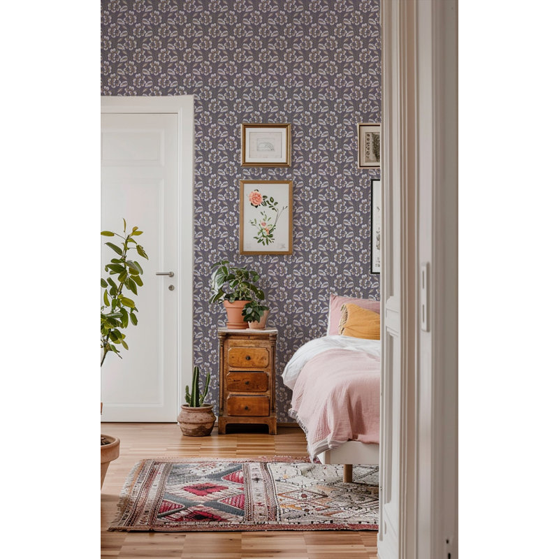 Thorn & Blossom - Wallpaper, Violet Indigo, Premium Paper