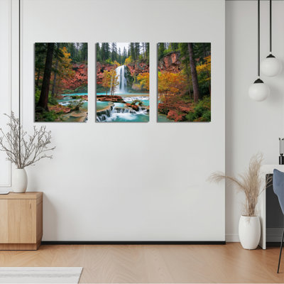 «Autumn Forest Waterfall Landscape», ensemble de 3 reproductions d'art sur toile tendues sur toile