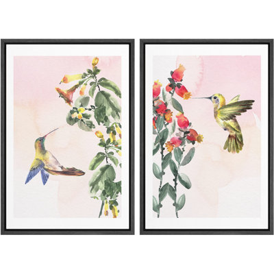 Bird " Blue Yellow Watercolor Floral Hummingbird Nature Wilderness Illustrations Chic Closeup Colorful " 2 - Pieces