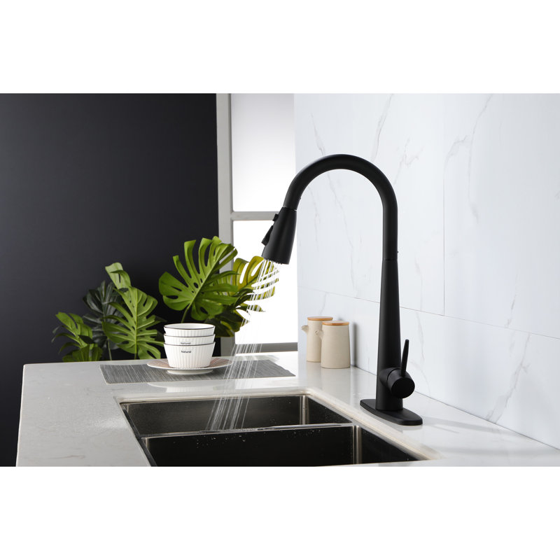 Robinet de cuisine à poignée simple - escamotable, en acier inoxydable, pivotant à 360 degrés, robinet à finition noir mat, poignée à grande arche, durabilité