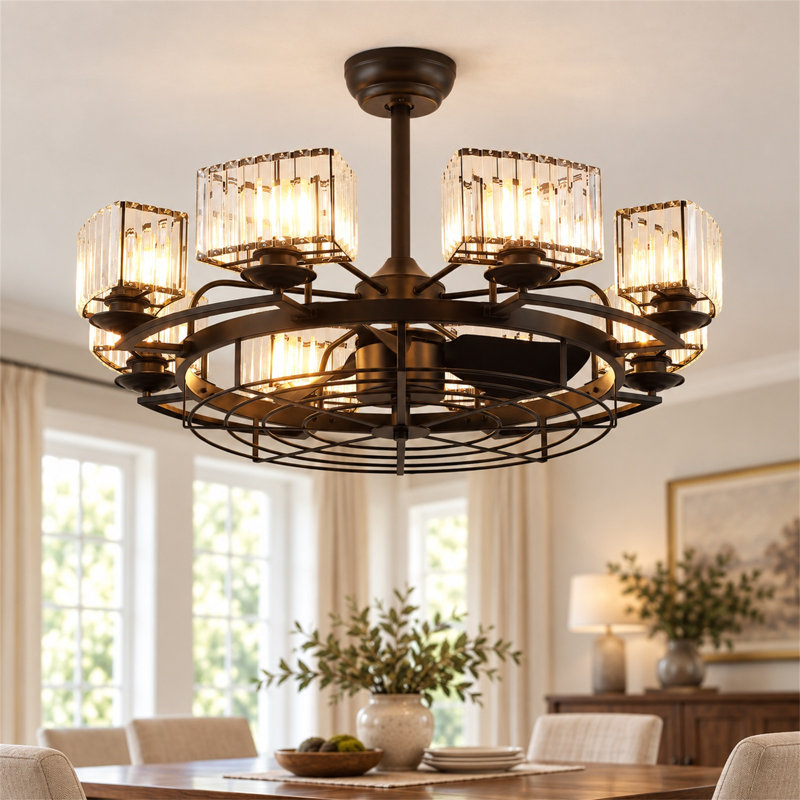 34" Caged Industrial Chandelier Ceiling Fans With Lights And Remote