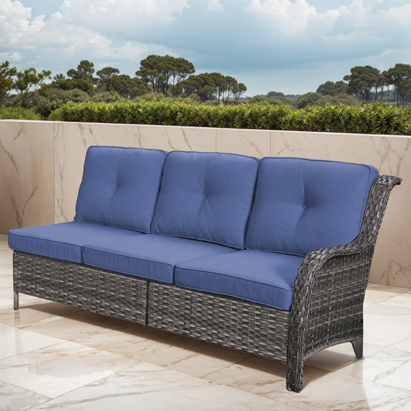 Deb 73.62" Wide Outdoor Wicker Patio Sectional With Cushions, Gray, Blue