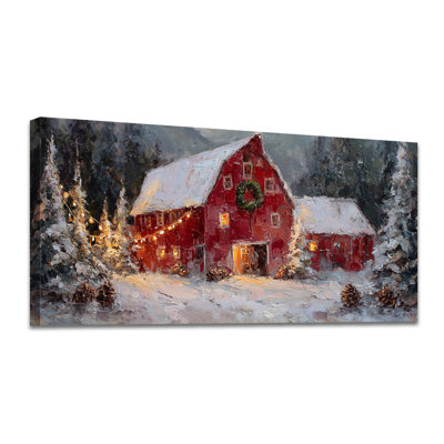 Hiver, art mural, décoration de grange rouge, paysage de paysage enneigé, impressions sur toile pour le salon, chambre à coucher, arbres de pin, scène, affiche de campagne, décoration de Noël, œuvre d'art, décoration de la maison
