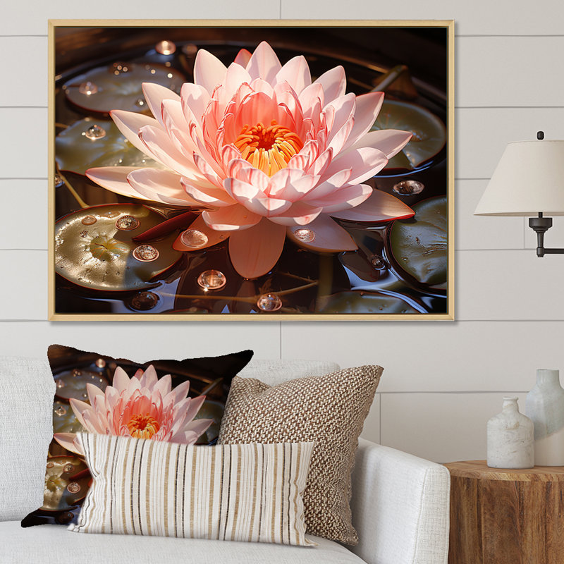 Nénuphars roses et roses, H 34 po x l 44 po x P 1,5 po, Cadre flottant blanc