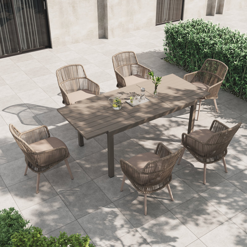 Ensemble repas extérieur pour 6 personnes avec coussins, Beige / naturel