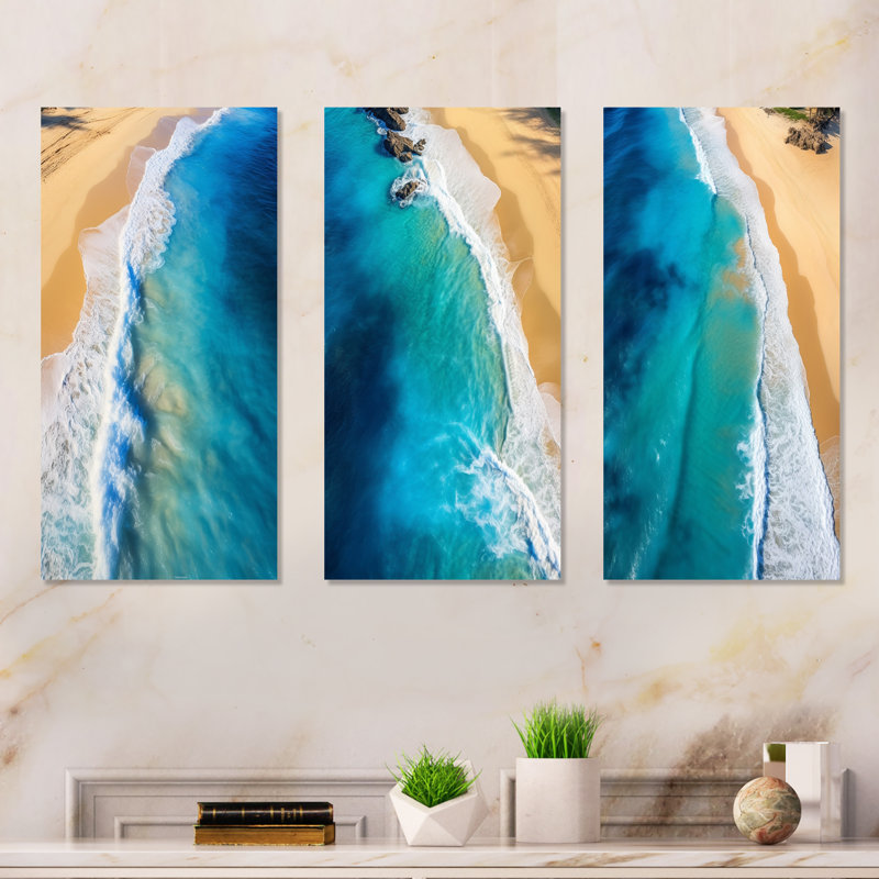 Blue Waves Aérien Beach Escape I - Ensemble de 3 décorations murales plage côtière, H 28 po x l 36 po, Toile tendue