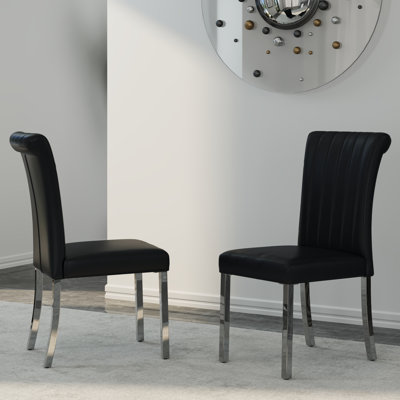 Black Leather Dining Chairs With Mirrored Silver Legs Set Of 2 by House of Hampton