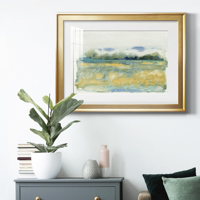 «Flowing Landscape I» - peinture encadrée, H 18,5 po x l 24,5 po x P 1 po, Or, Blanc