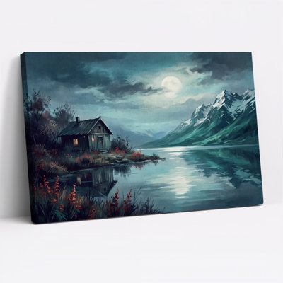 Cabane au bord d'un lac au clair de lune avec montagnes enneigées - Toile murale d'Halloween