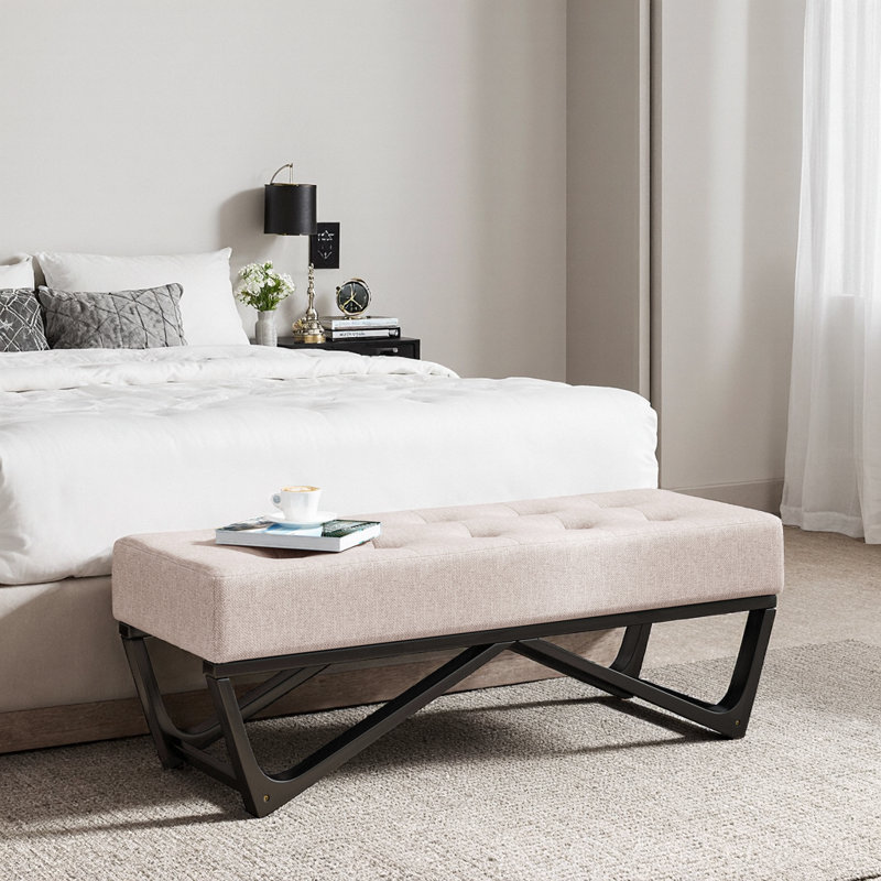 Navy Blue Upholstered Ottoman Bench - Modern Tufted Footrest with Geometric Legs, Beige