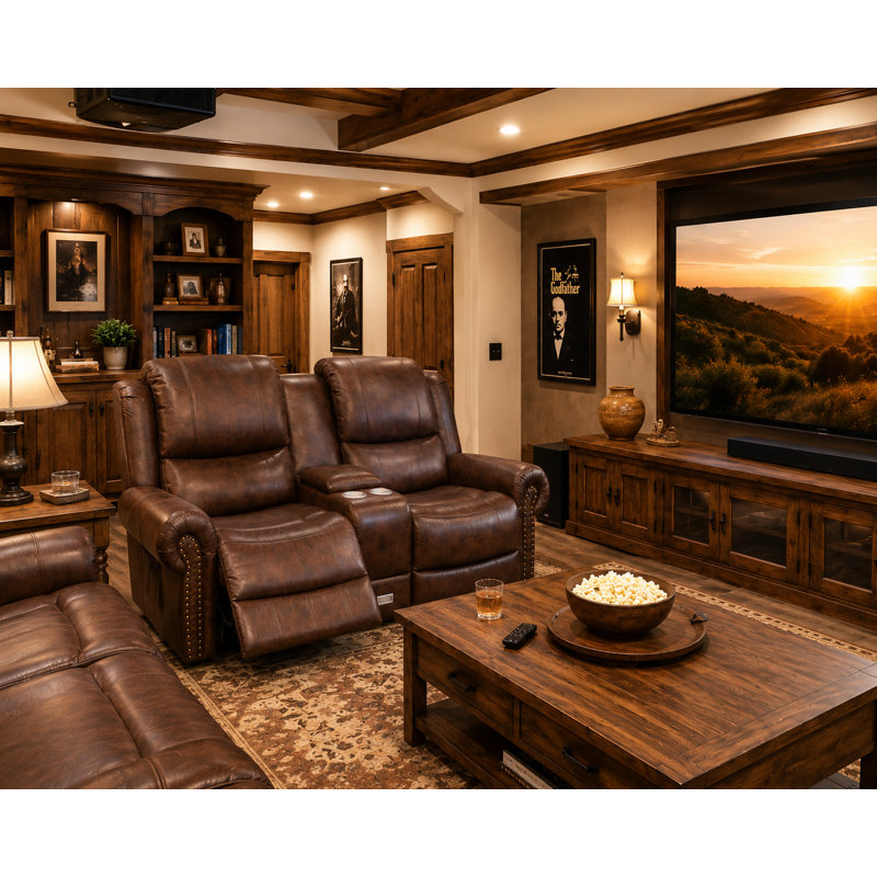 Classic American Manual Recliner Loveseat Sofa with Center Console,USB, Cup Holders & Vintage Brown Leather-Look Upholstery