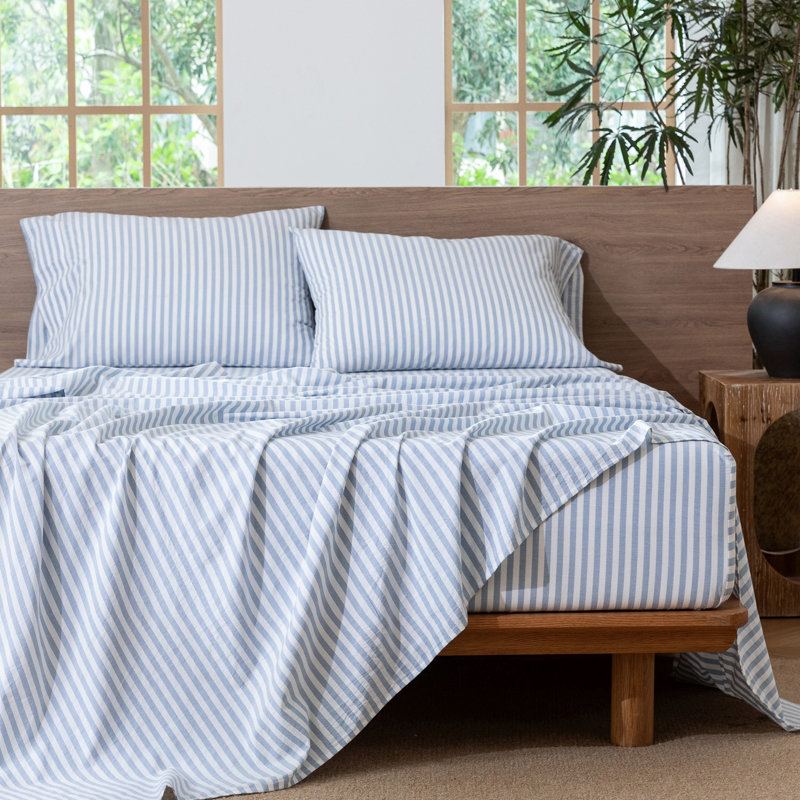 Ensemble de draps 100% coton lavé MooMee, Ensemble de draps pour grand lit avec 2 taies d'or