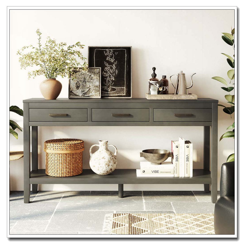 62.2'' Farmhouse Entryway Table with 3 Drawers, Painted Console Table with Bottom Shelf & Iron Handles, Gray