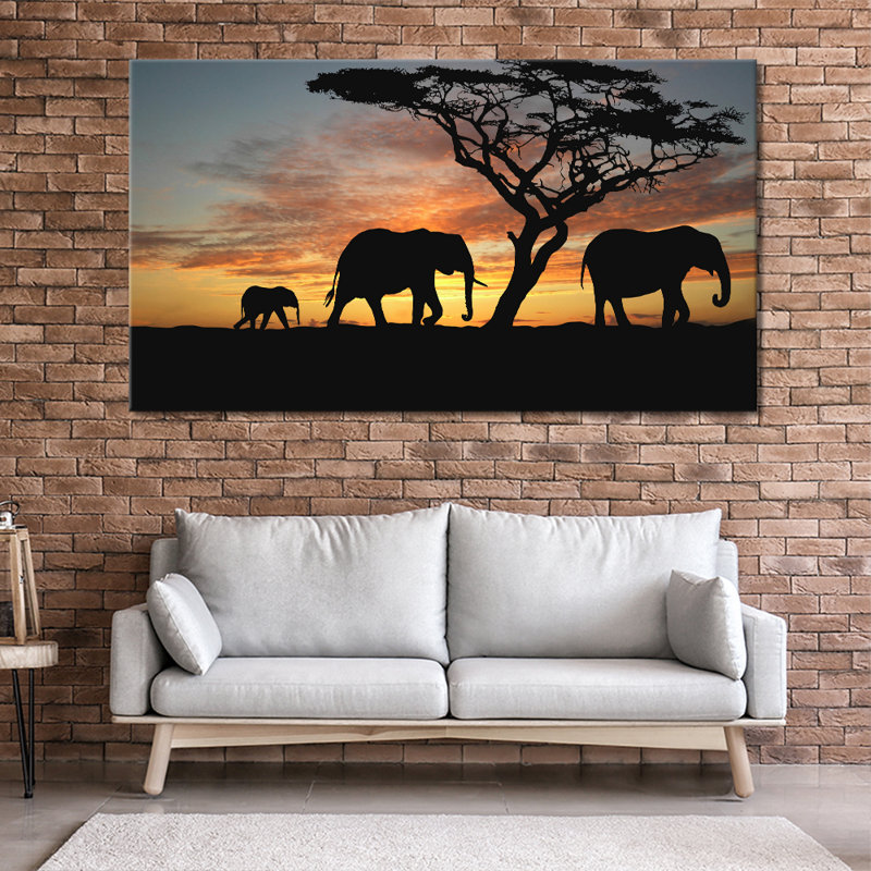 Elephants In Sunset - Wrapped Canvas Print, 31cm H x 51cm W x 2cm D