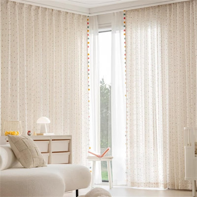 Rideau transparent Boho Rainbow avec voilages à pompons colorés filtrant la lumière Faux lin à rayures avec passe-tringle à fenêtre avec passe-tringle (l 52 po x L 84 po - 2 pièces, blanc)