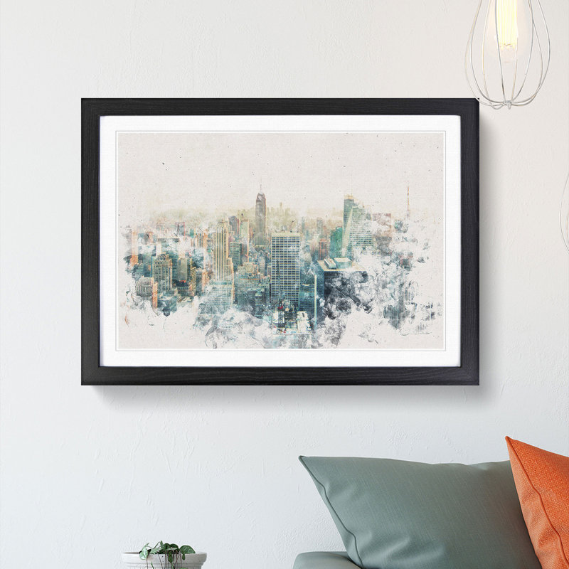 Manhattan Skyline in New York - Picture Frame Painting Print, Black Framed, 40cm H x 60cm W x 2cm D